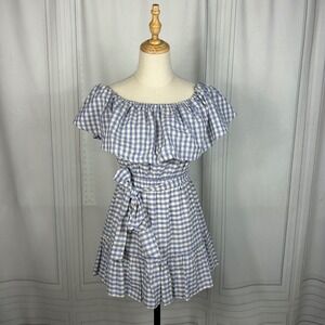 Tularosa -‎ Gingham Off Shoulder Ruffle Mini Dress - Blue/White - Medium